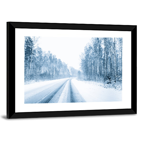 Snow Covered Open Road In Winter Canvas Wall Art