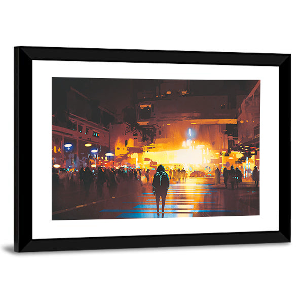 Lone Hooded Figure in Neon City Canvas Wall Art