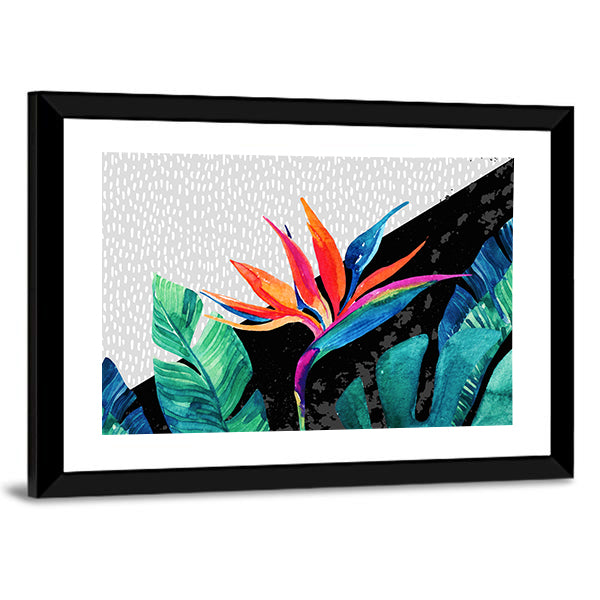 Tropical Minimalist Bird of Paradise and Monstera Canvas Wall Art
