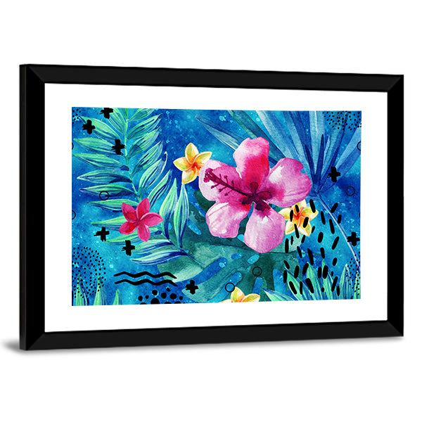 Tropical Hibiscus and Palm Leaf Pattern Canvas Wall Art