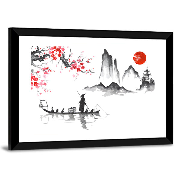 Japanese Ink Wash Fisherman at Sunrise Canvas Wall Art