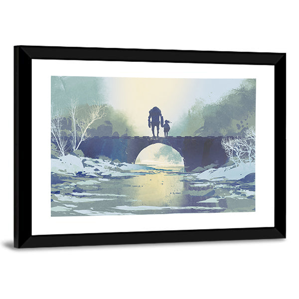 Robot and Child on Snowy Bridge Canvas Wall Art