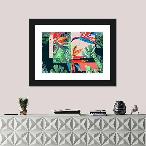 Watercolor Exotic Flowers and Tropical Leaves Canvas Wall Art