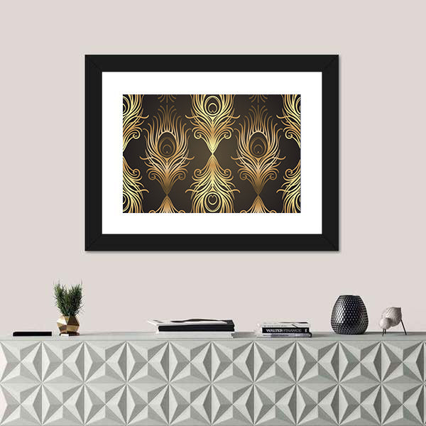Gold and Black Peacock Feather Mandala Canvas Wall Art