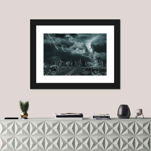 Tornado Over Ruined City Skyline Canvas Wall Art