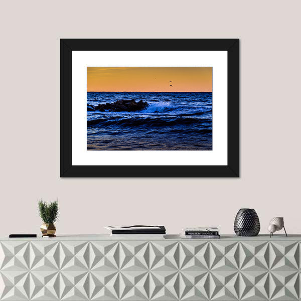 Blue Ocean Waves at Sunset Canvas Wall Art