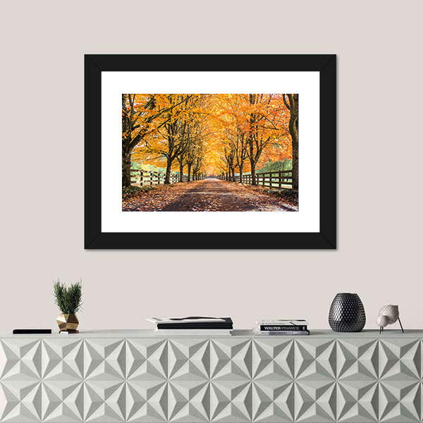 Autumn Tree Tunnel with Golden Leaves Canvas Wall Art