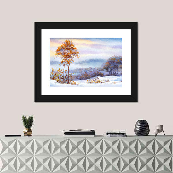 Snow Covered Valley with Orange Trees Canvas Wall Art