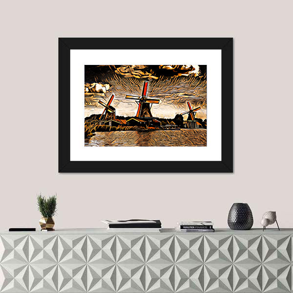 Three Vintage Windmills at Sunset Canvas Wall Art