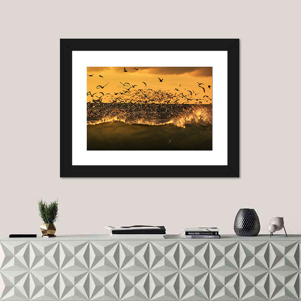 Seagulls Hovering Over Stormy Sea Canvas Wall Art