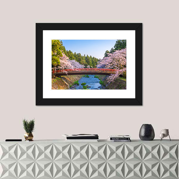 Cherry Blossoms Over Red Arched Bridge Canvas Wall Art