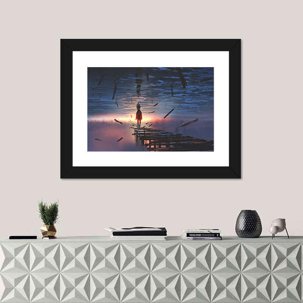 Hooded Figure on Broken Bridge Canvas Wall Art