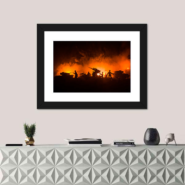 Soldier Silhouettes with Tanks and Anti-aircraft Canvas Wall Art