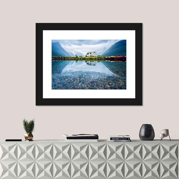 Motorhome by Mountain Lake, Norway Canvas Wall Art