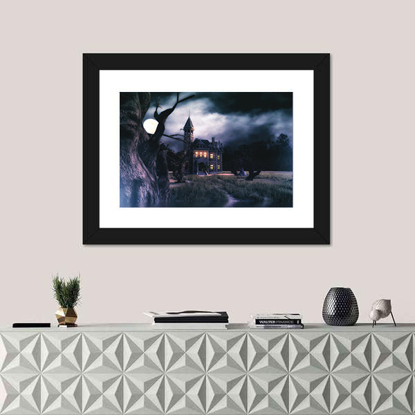 Moonlit Haunted Victorian Mansion Canvas Wall Art