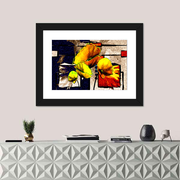 Yellow Poppy Abstract with Geometric Background Canvas Wall Art