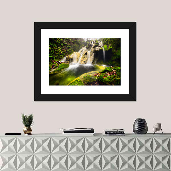 Forest Waterfall with Moss-covered Rocks Canvas Wall Art