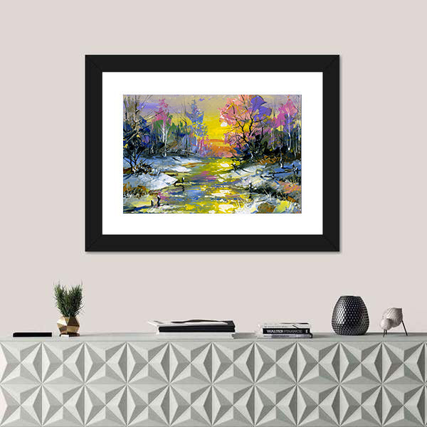 Winter Sunset River in Snowy Forest Canvas Wall Art
