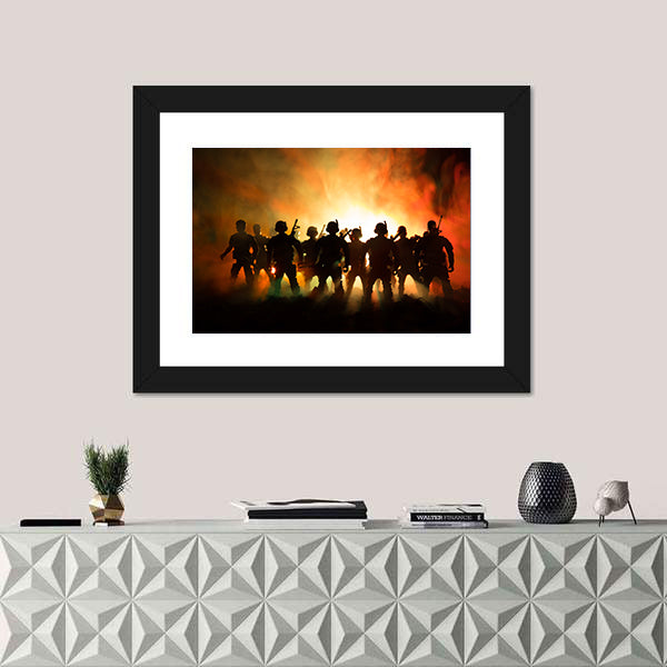 Military Silhouettes in Amber Haze Canvas Wall Art