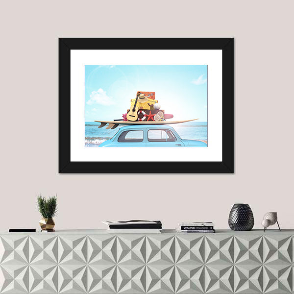Vintage Beach Car with Surfboard Canvas Wall Art