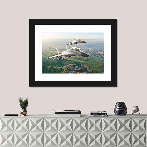Twin Fighter Jets Over Airfield Canvas Wall Art