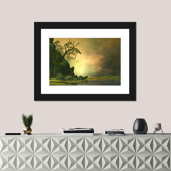Misty Mountain Lake with Twisted Tree Canvas Wall Art