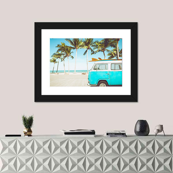 Teal and White Kombi on Tropical Beach Canvas Wall Art