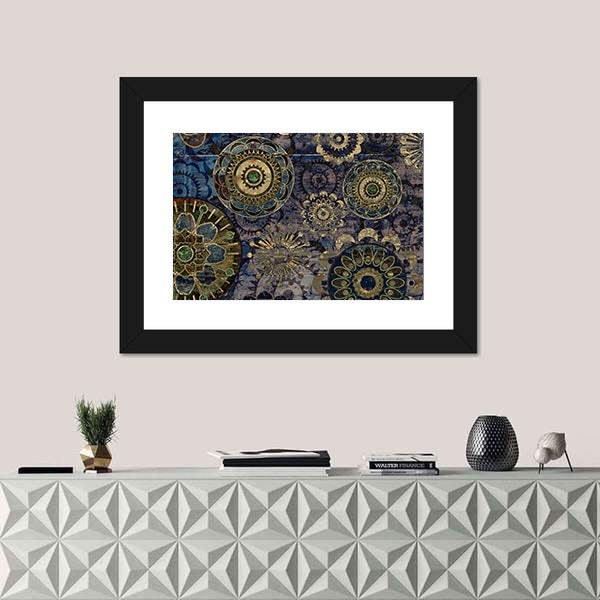 Vintage Floral Mandala Abstract in Navy and Gold Canvas Wall Art