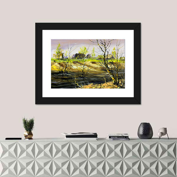 Thatched Cottage on Riverbank Canvas Wall Art