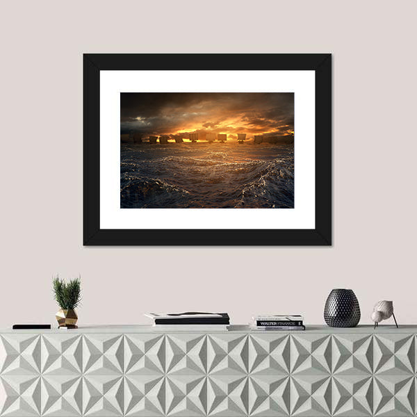 Viking Longships at Stormy Sunset Canvas Wall Art