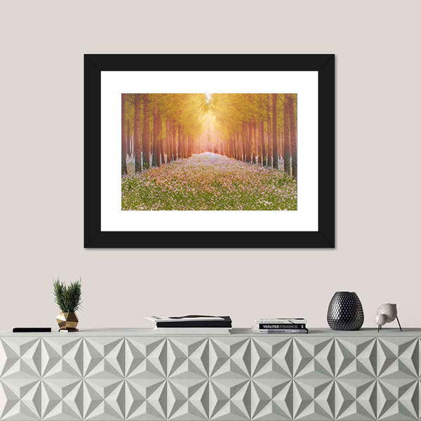 Sunlit Forest Path with Wildflowers Canvas Wall Art
