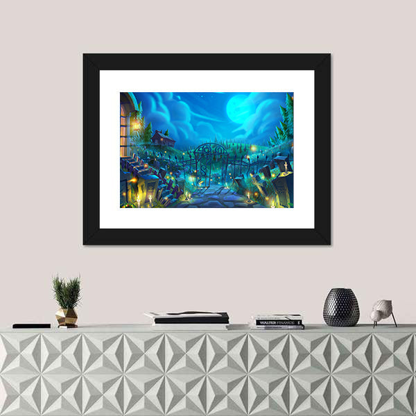 Moonlit Graveyard with Iron Gate Canvas Wall Art