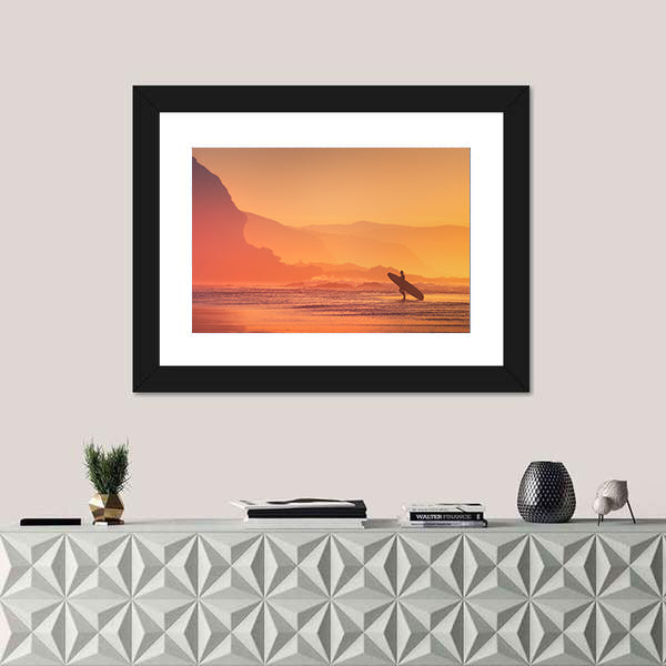 Surfer Silhouette At The Sunset Canvas Wall Art