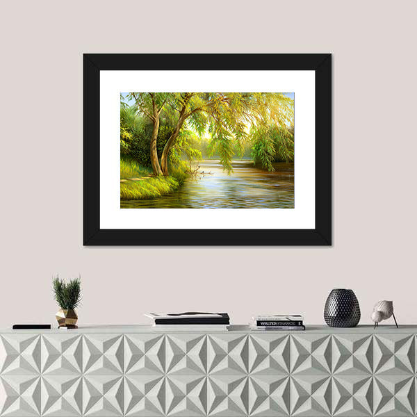 Summer Riverbank with Weeping Willow Canvas Wall Art