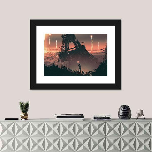 Silhouetted Man at Crumbling Eiffel Tower Canvas Wall Art