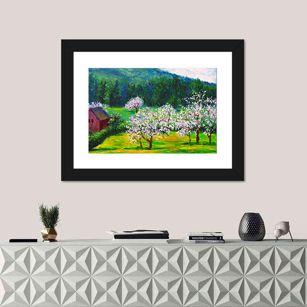 Plum Blossom Orchard with Red Barn Canvas Wall Art