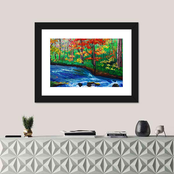 Autumn Maple by Flowing Stream Canvas Wall Art