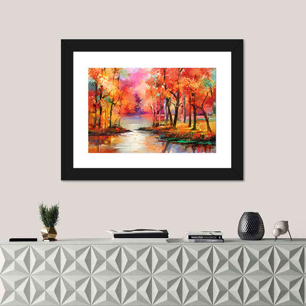 Autumn Forest with River Canvas Wall Art