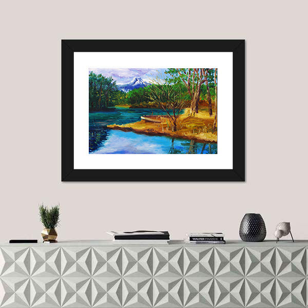 Autumn Lake with Rowboat and Mountain Reflection Canvas Wall Art