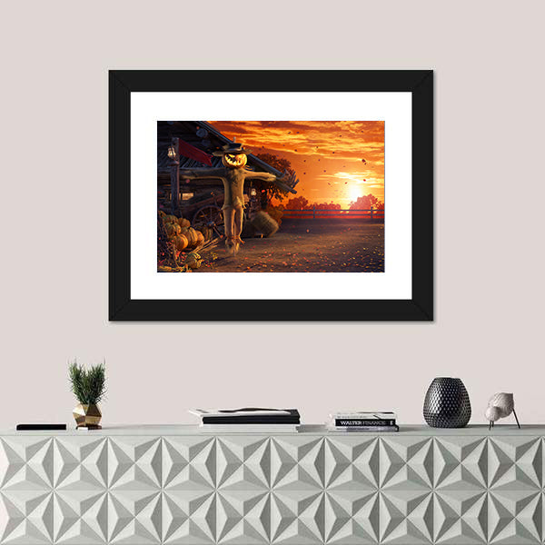 Pumpkin Scarecrow at Autumn Sunset Canvas Wall Art