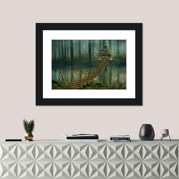 Fairy House on Tree Trunk with Rope Bridge Canvas Wall Art