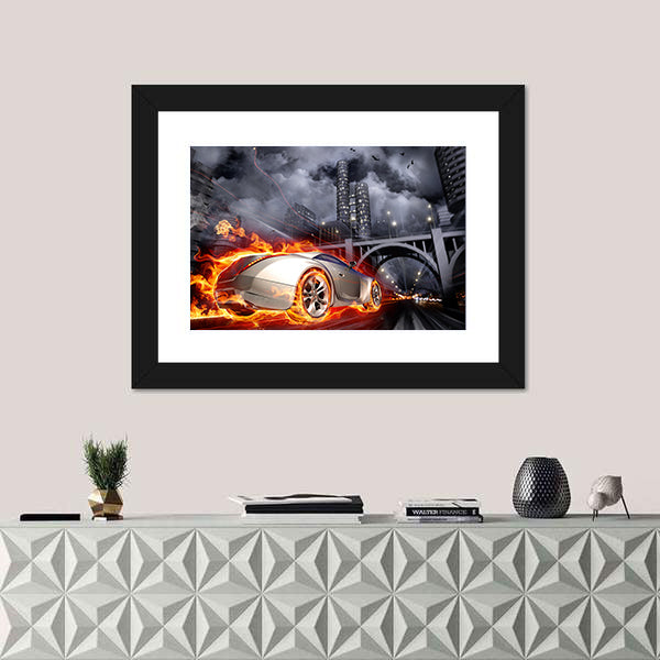 Flaming Sports Car at Night Canvas Wall Art