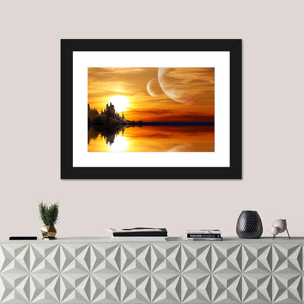 Alien Planet Sunset with Twin Moons Canvas Wall Art