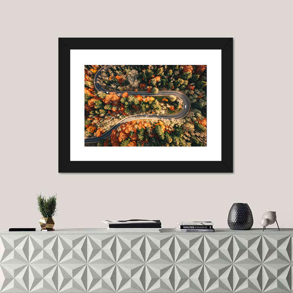 Winding Mountain Road Through Forest In Autumn Canvas Wall Art