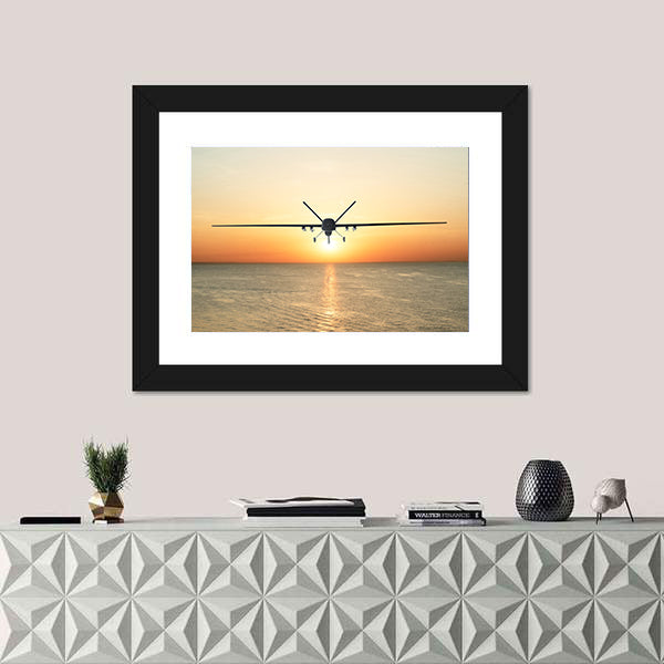 Military Drone at Sunset Canvas Wall Art