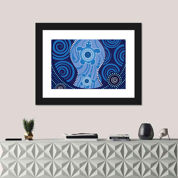 Blue Aboriginal Sea Turtles Dot Painting Canvas Wall Art