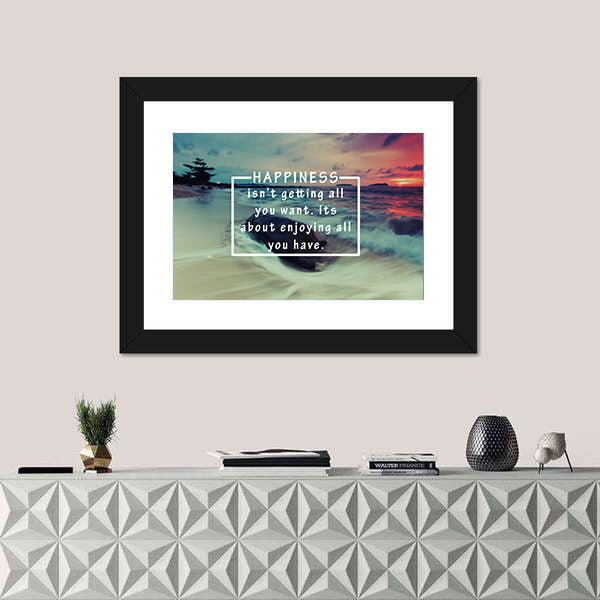 Happiness Quote Over Sunset Beach Canvas Wall Art