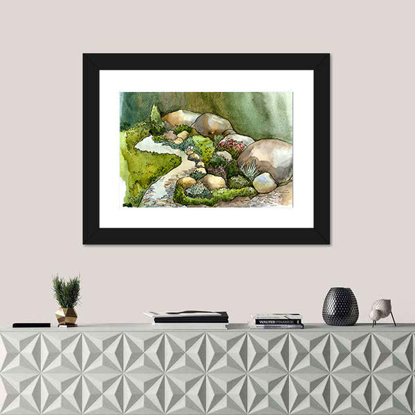Watercolor Creek in Rock Garden Canvas Wall Art