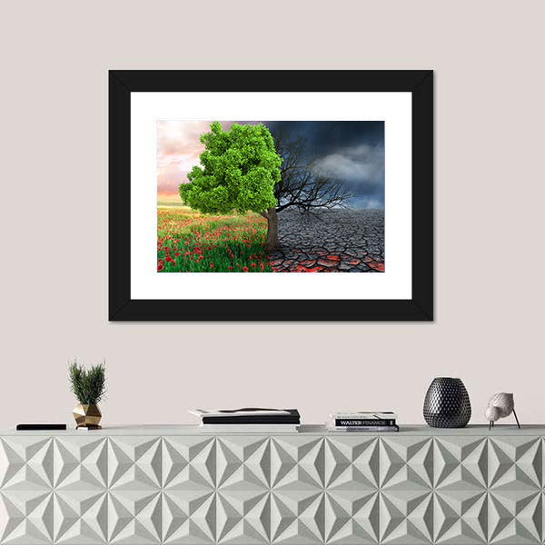 Split Tree with Poppies and Cracked Earth Canvas Wall Art