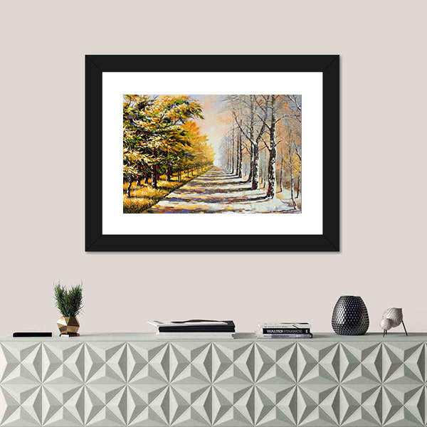 Autumn Walkway with Snow Canvas Wall Art